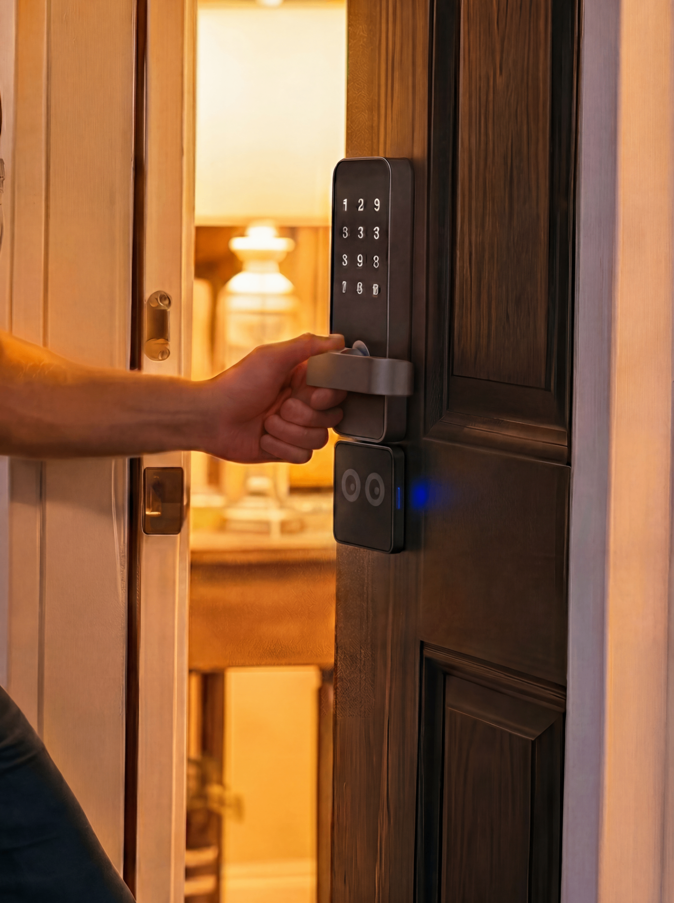 LockPower Infinity installed beneath a smart lock on an open door