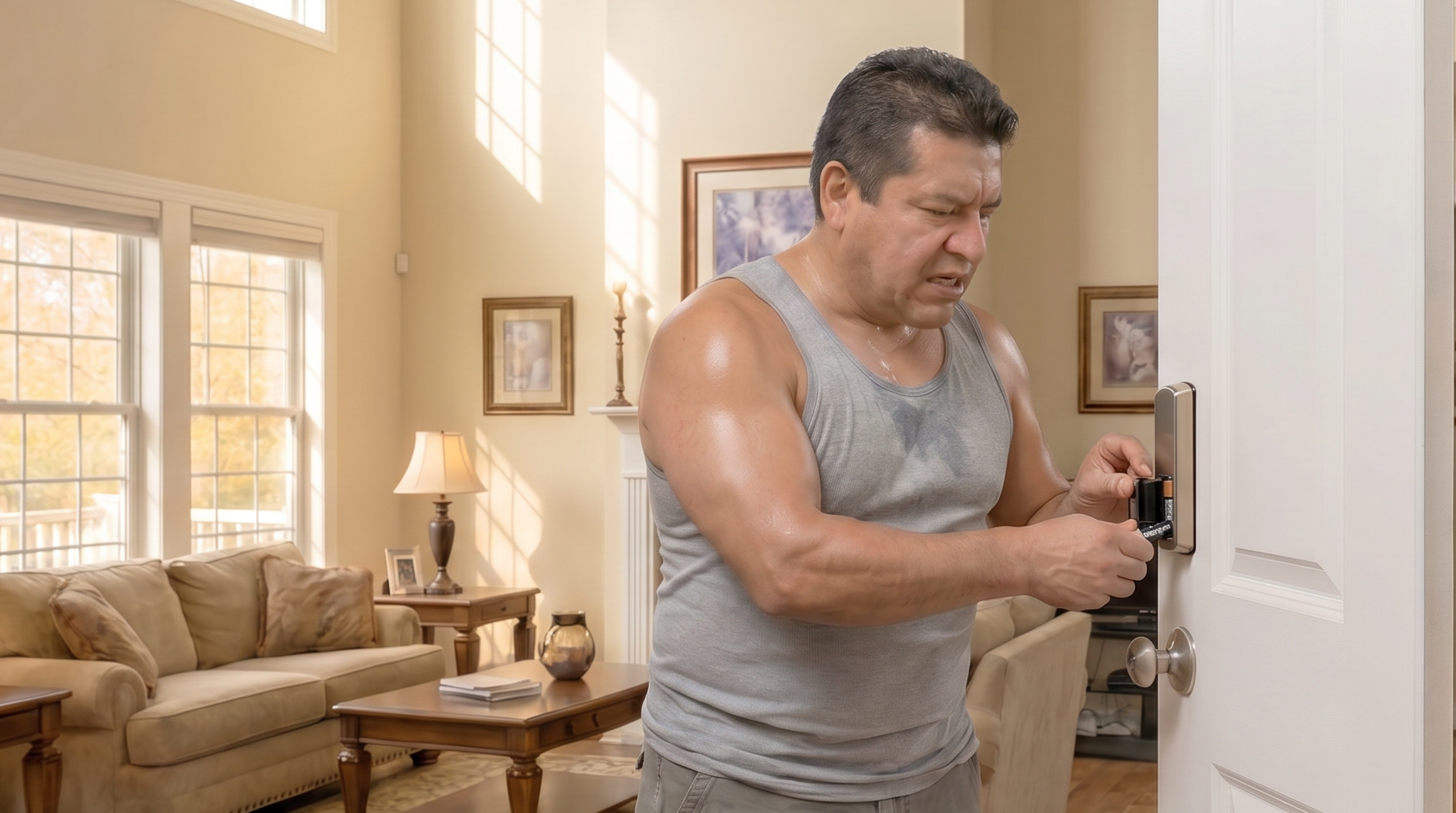 Frustrated man struggling with a dead smart lock