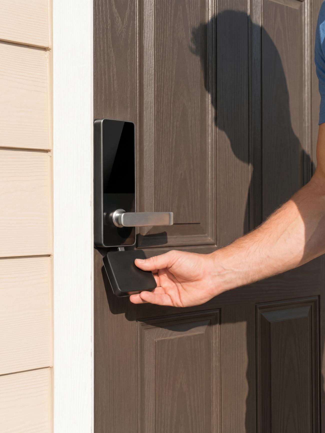 Hand approaching LockPower Infinity installed beneath a smart lock